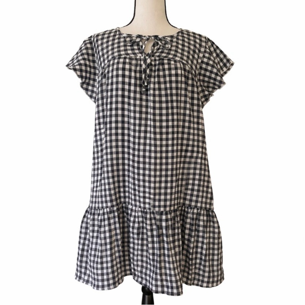 Babydoll Prairie Dress Black White Ruffle Hem Pockets Western Cottagecore Tunic